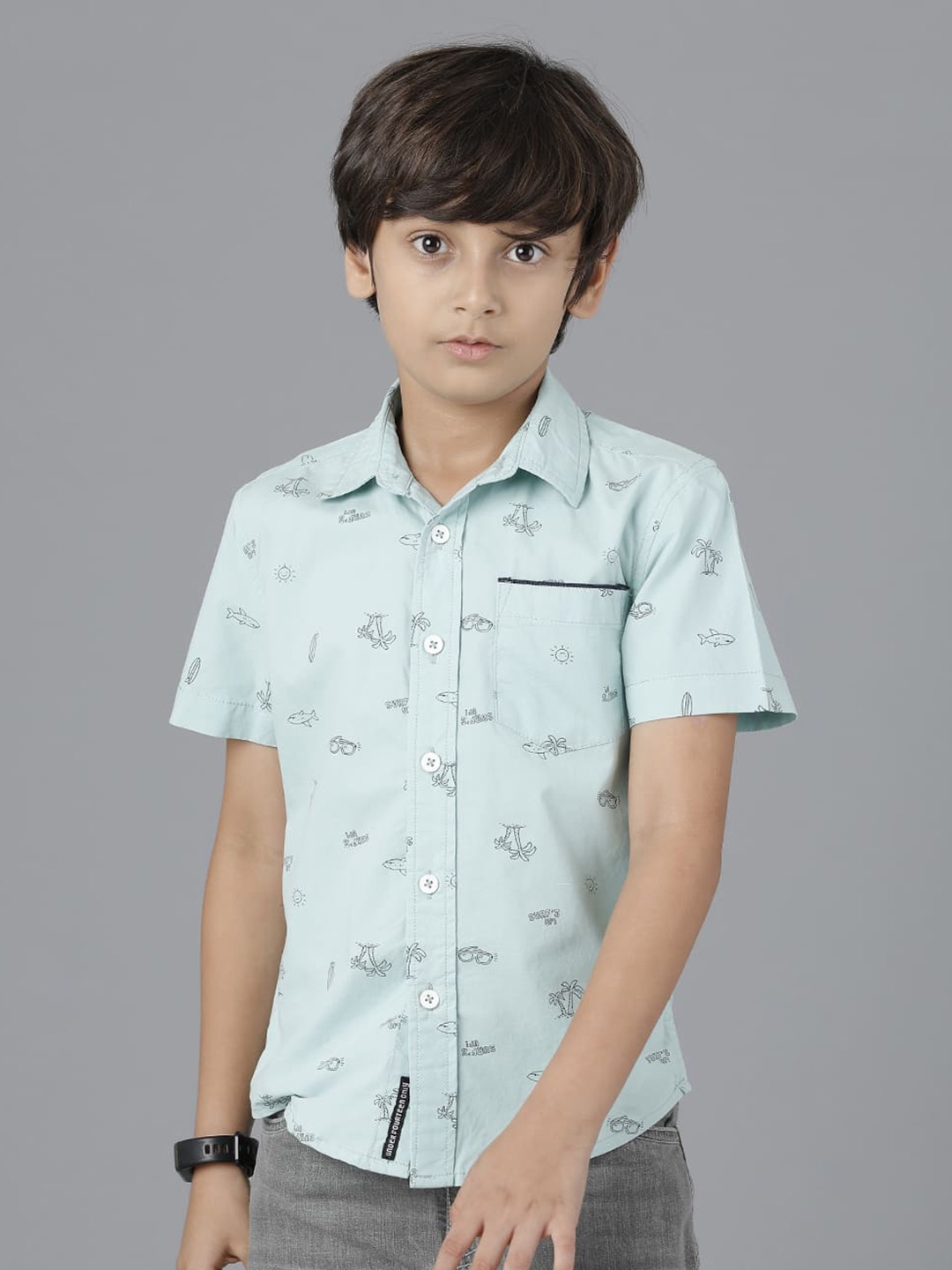 

UNDER FOURTEEN ONLY Boys Printed Casual Cotton Shirt, Green