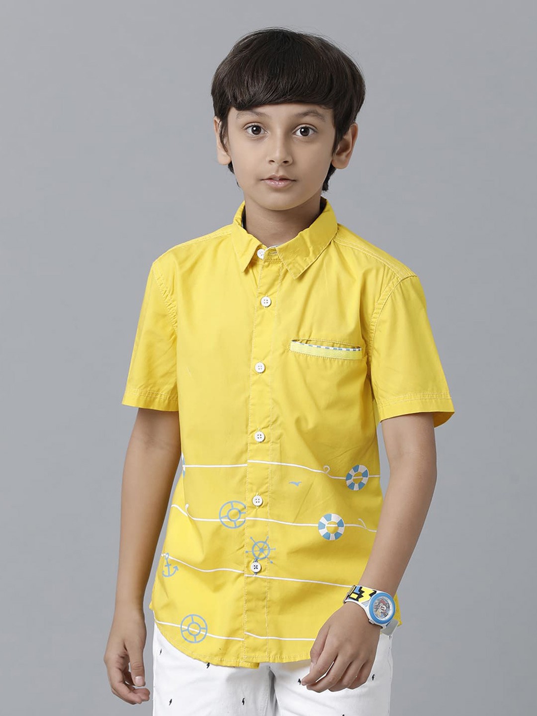 

UNDER FOURTEEN ONLY Boys Printed Casual Cotton Shirt, Yellow
