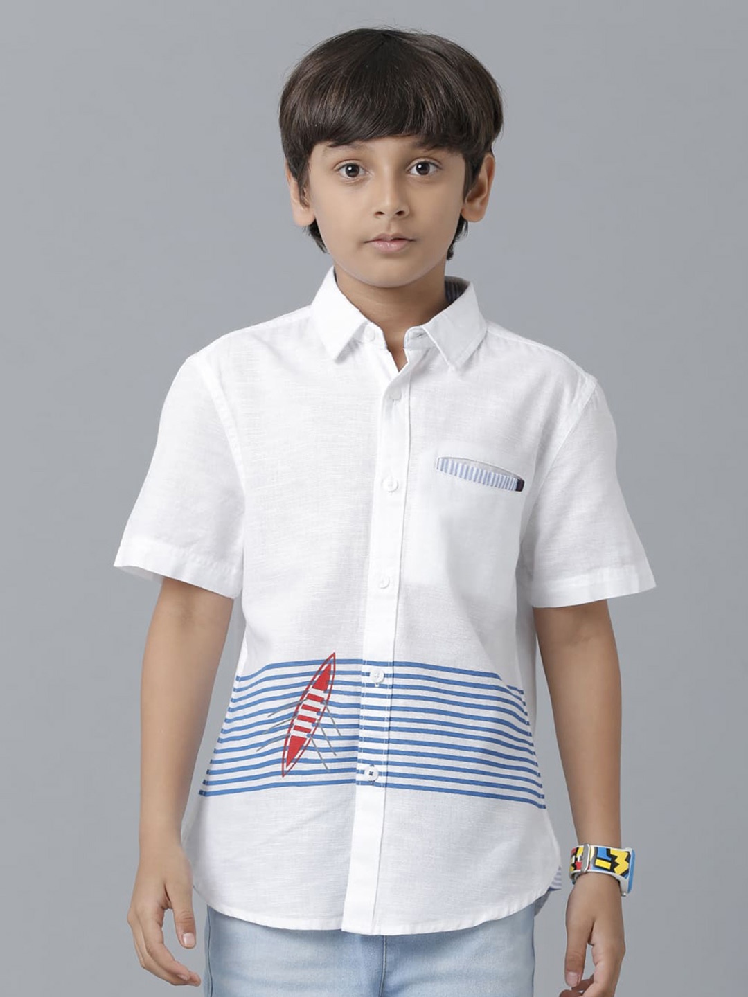 

UNDER FOURTEEN ONLY Boys Striped Casual Cotton Shirt, White