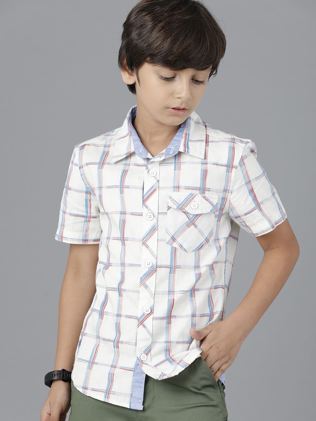 

UNDER FOURTEEN ONLY Boys Checked Casual Cotton Shirt, Off white