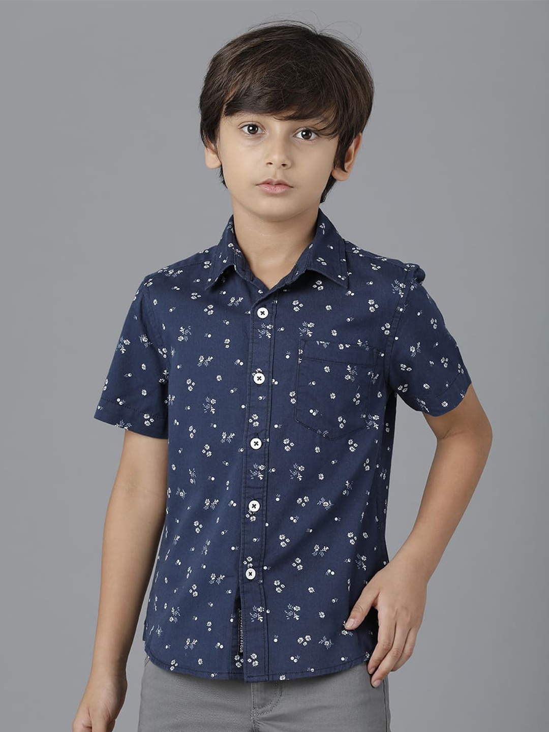 

UNDER FOURTEEN ONLY Boys Floral Printed Casual Cotton Shirt, Navy blue