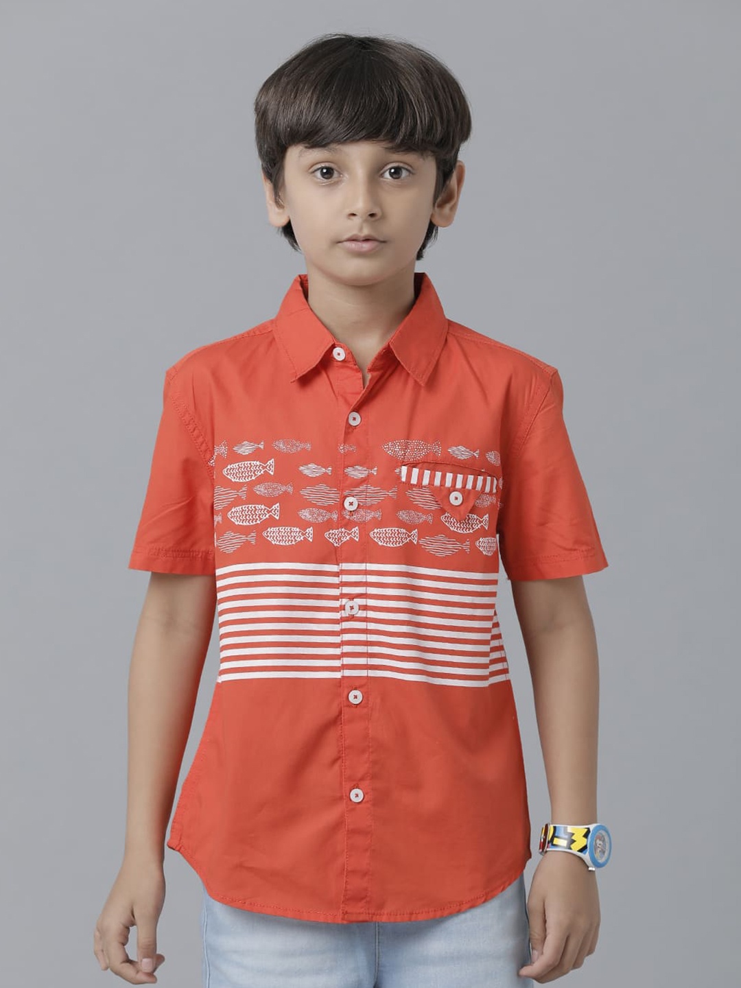 

UNDER FOURTEEN ONLY Boys Printed Cotton Casual Shirt, Orange