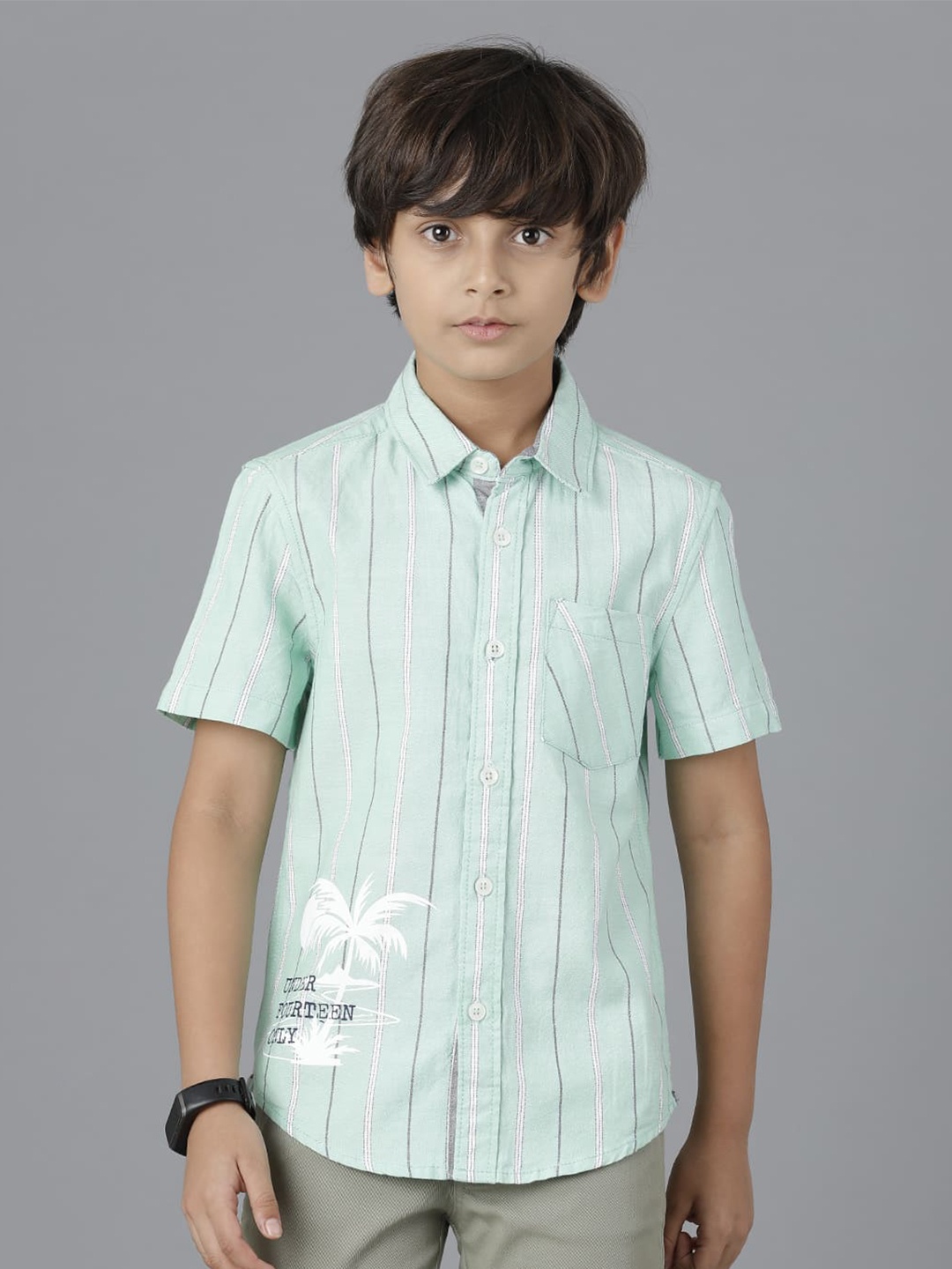 

UNDER FOURTEEN ONLY Boys Printed Cotton Casual Shirt, Green