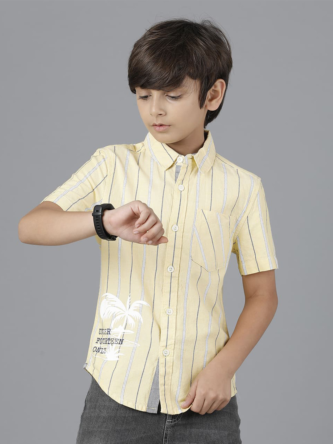 

UNDER FOURTEEN ONLY Boys Cotton Striped Casual Shirt, Yellow