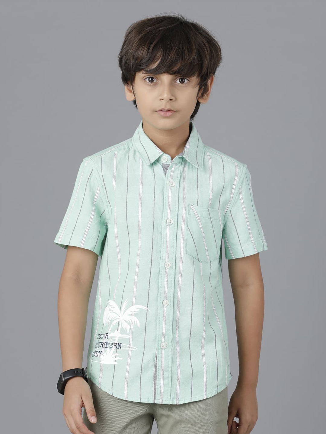 

UNDER FOURTEEN ONLY Boys Cotton Striped Casual Shirt, Green