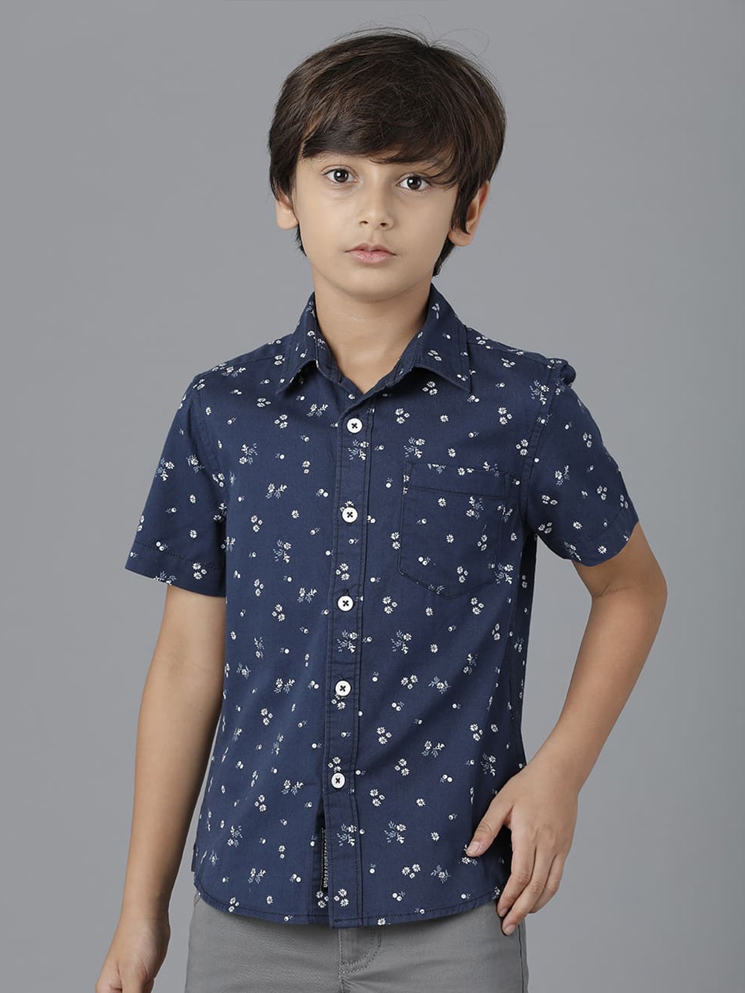 

UNDER FOURTEEN ONLY Boys Printed Cotton Casual Shirt, Navy blue