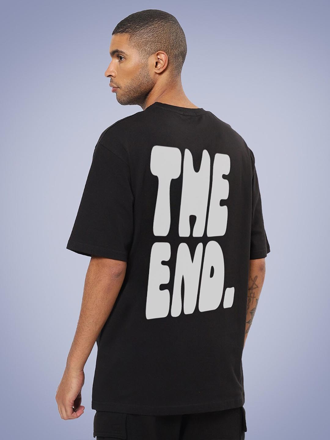 

Mad Over Print Men Printed Drop-Shoulder Sleeves Oversized Cotton T-shirt, Black