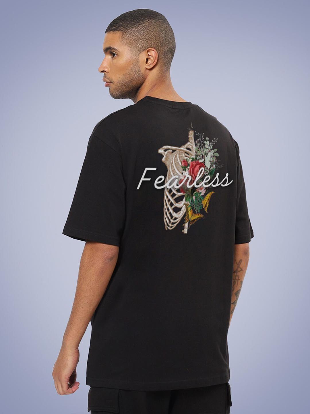 

Mad Over Print Men Typography Printed Applique Loose Cotton T-shirt, Black