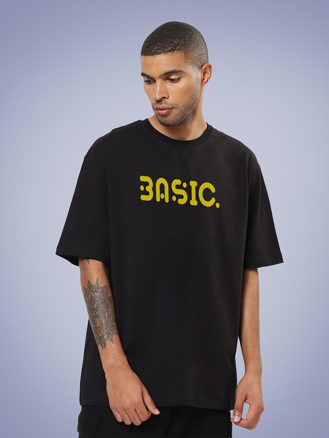 

Mad Over Print Men Typography Printed Applique Loose Cotton T-shirt, Black