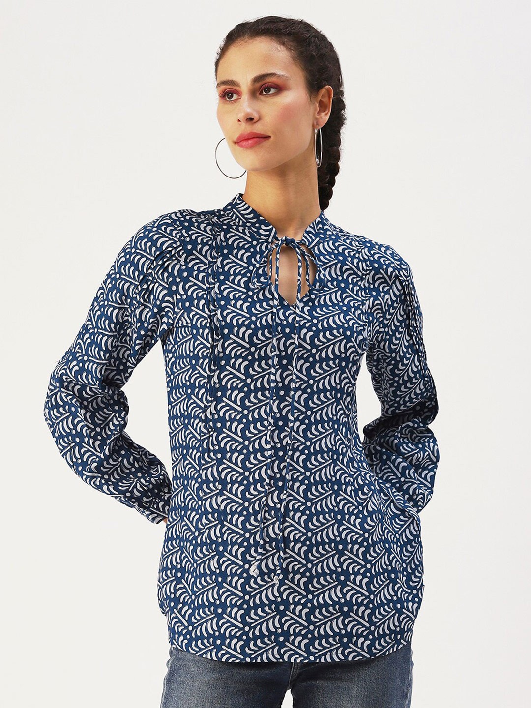 

DressBerry Women Printed Tie-Up Neck Top, Blue