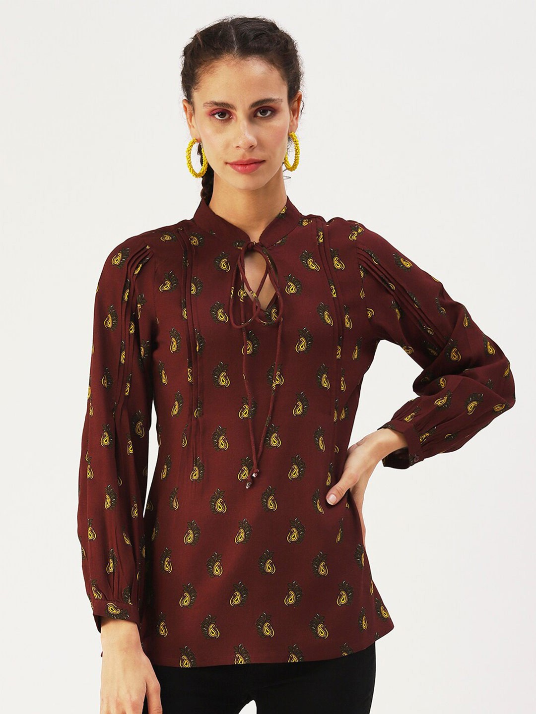 

DressBerry Women Printed Tie-Up Neck Top, Brown