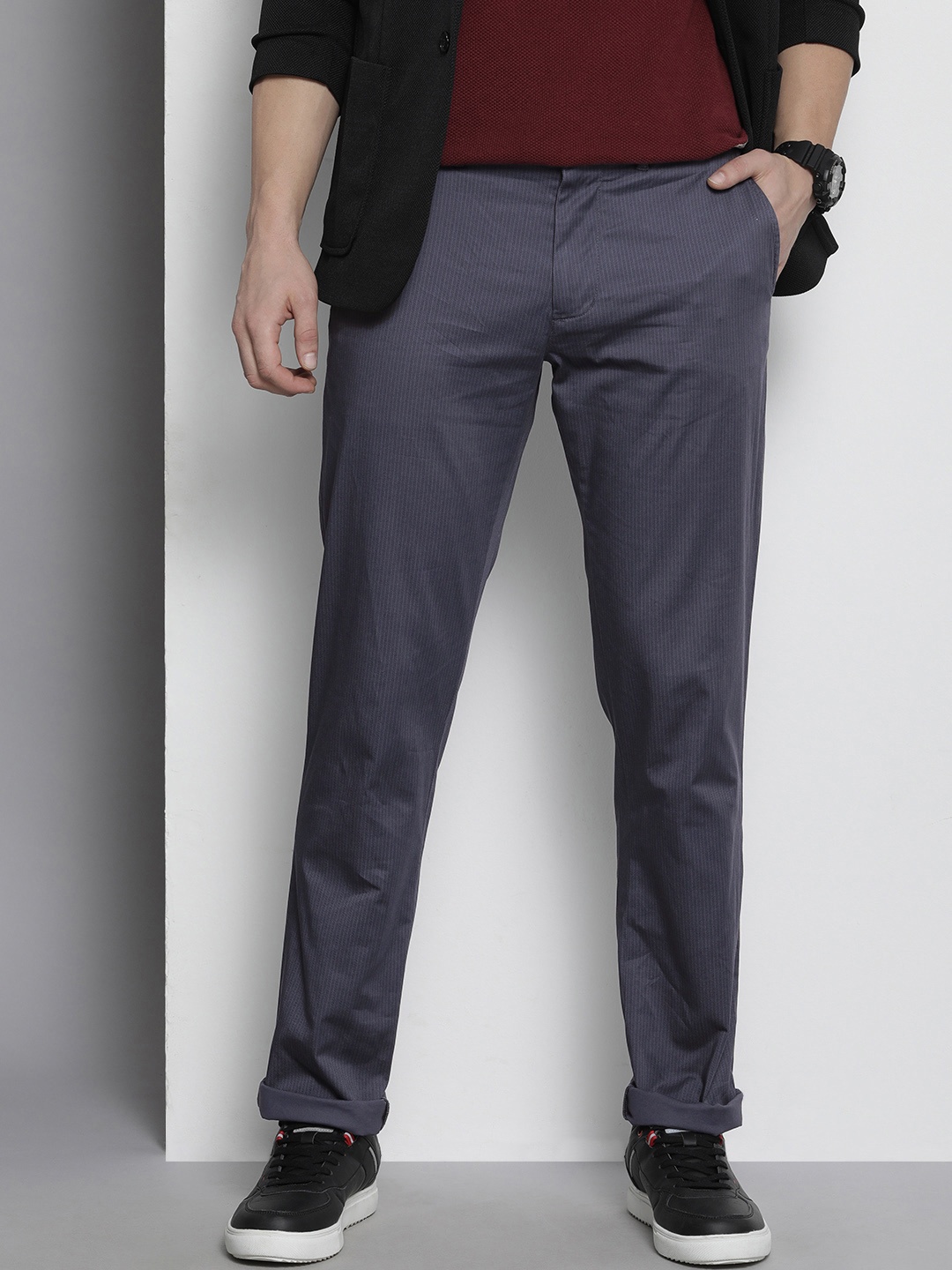 

Tommy Hilfiger Men Striped Mid-Rise Casual Trousers, Blue