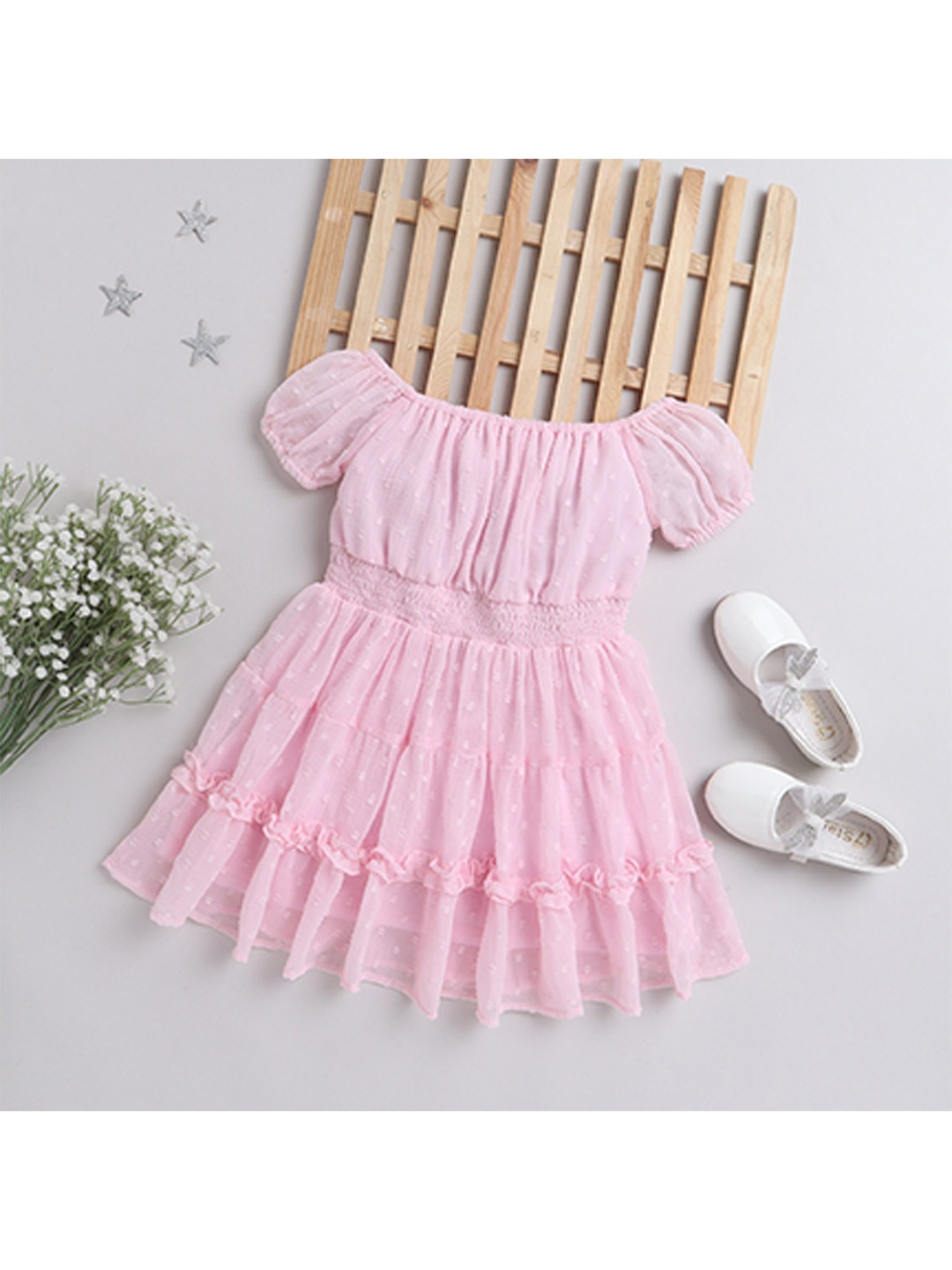 

taffykids Girls Boat Neck Puff Sleeves Dress, Pink