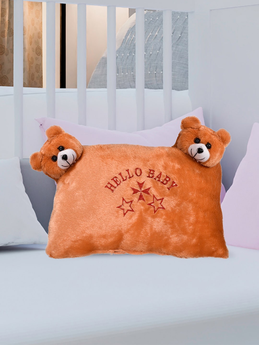 

Kuber Industries Set Of 2 Orange Hello Teddy Printed Baby Pillows