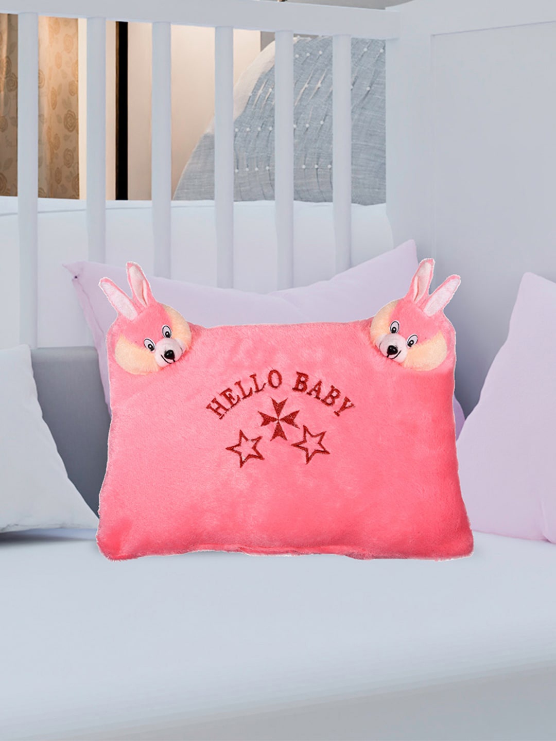 

Kuber Industries Kids Pink Hello Teddy Design Velvet Pillow