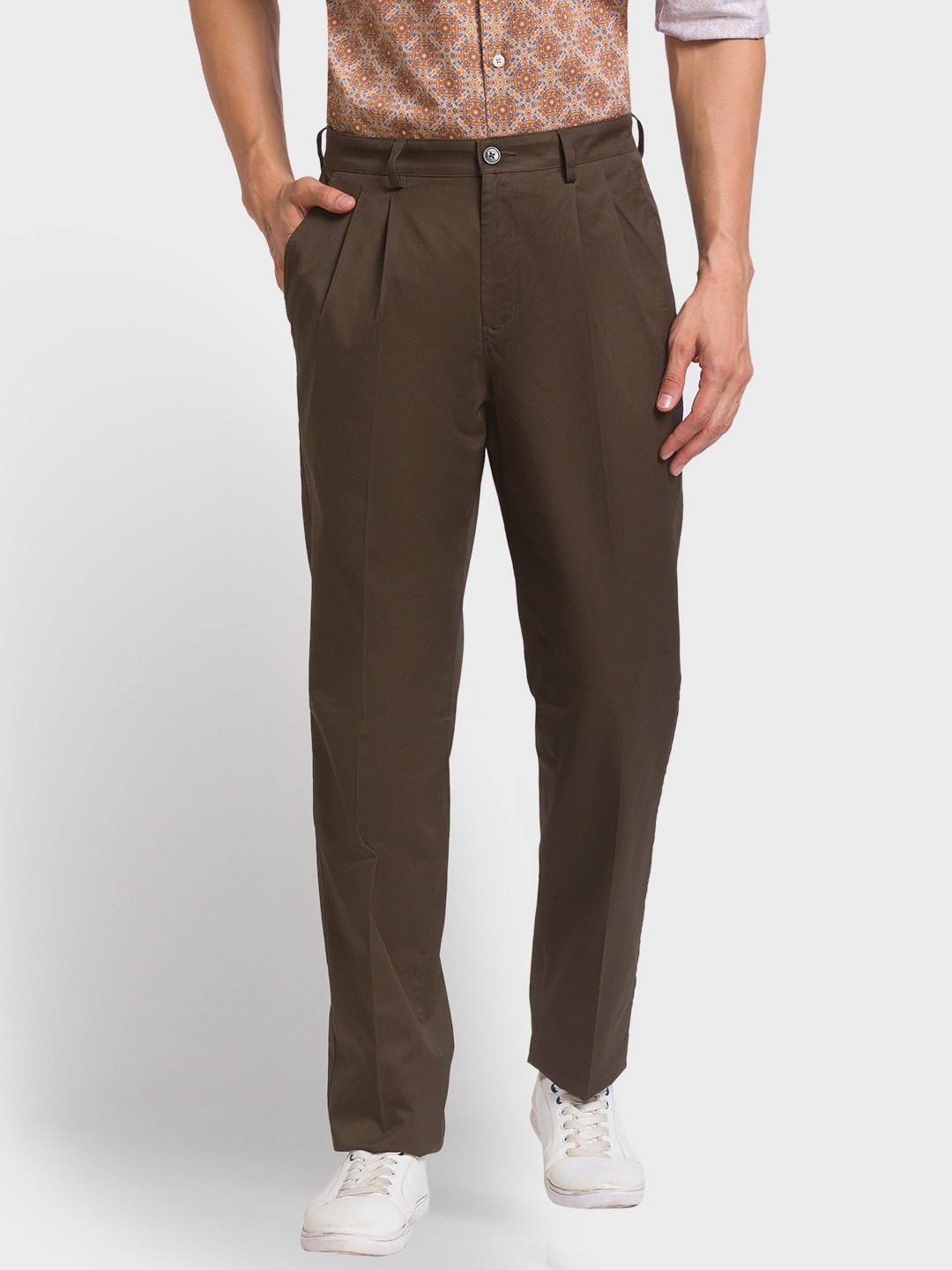 

ColorPlus Men Cotton Pleated Trousers, Olive