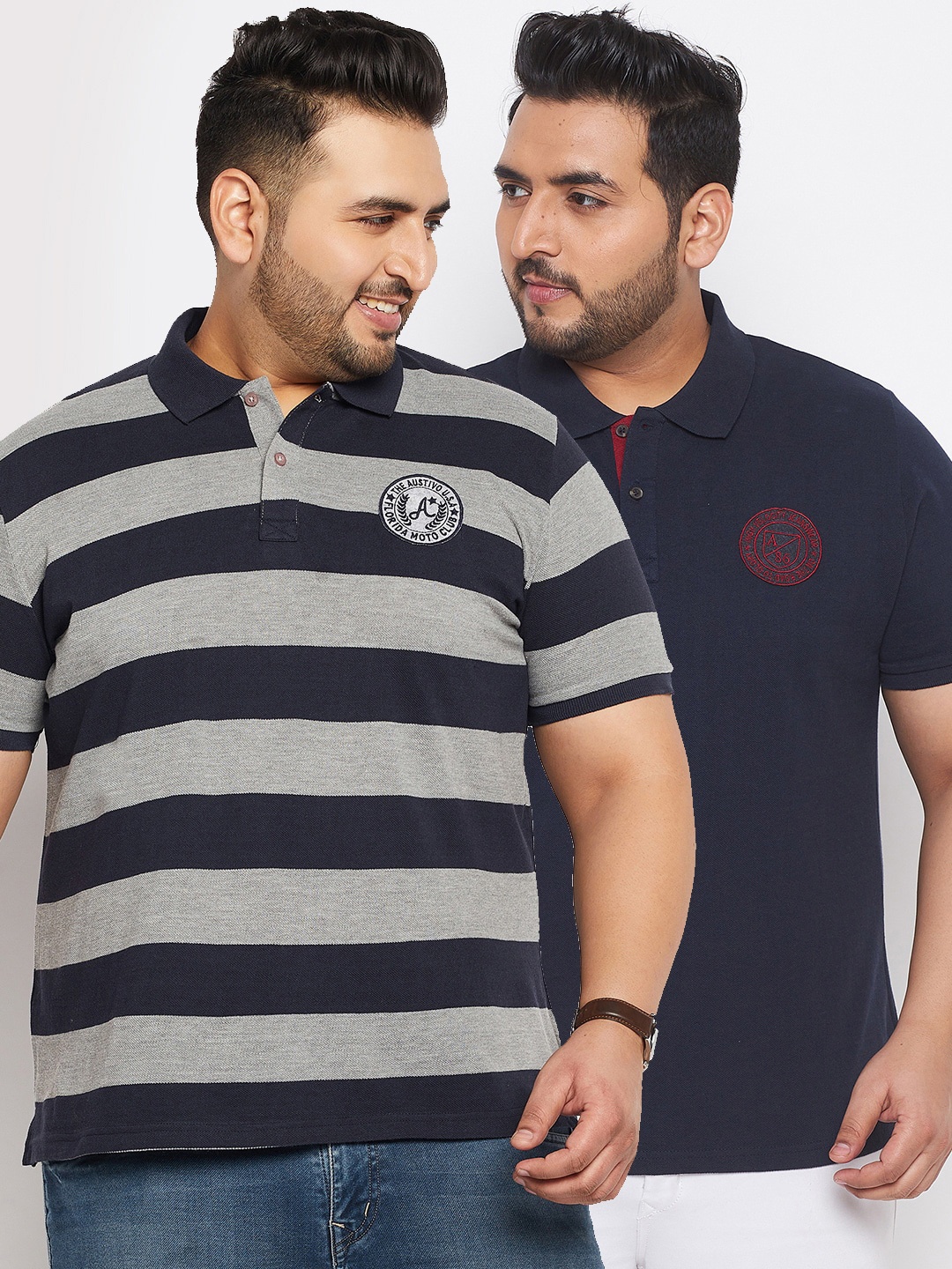 

AUSTIVO Men Pack Of 2 Plus Size Striped Polo Collar Cotton T-shirt, Navy blue