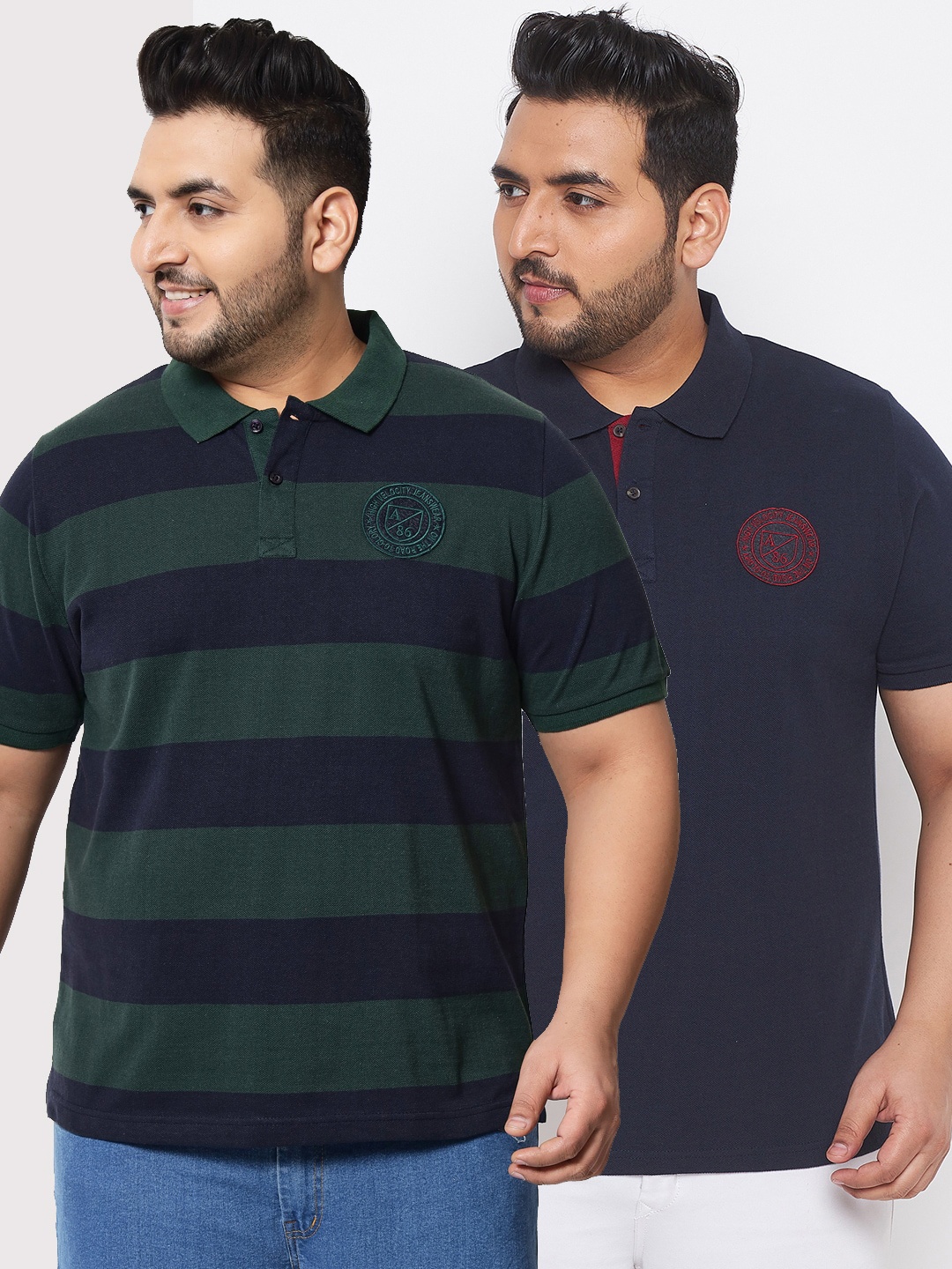 

AUSTIVO Men Pack Of 2 Plus Size Striped Polo Collar Cotton T-shirt, Navy blue