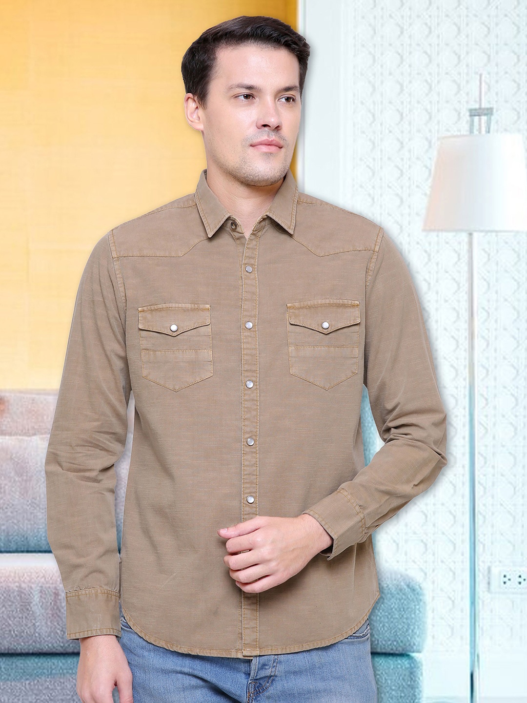 

Southbay Men Cotton Smart Slim Fit Casual Shirt, Beige