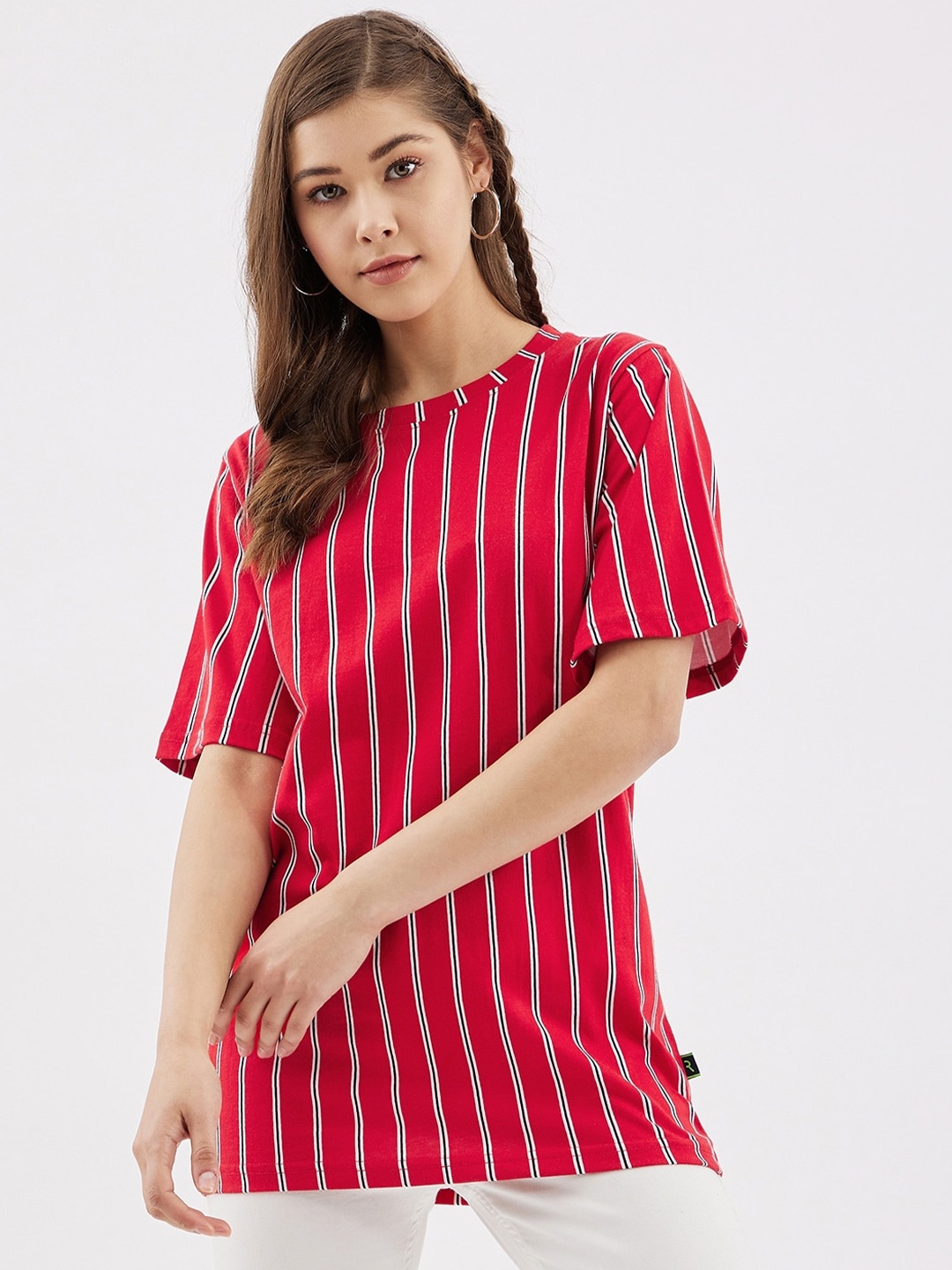 

Rodzen Women Striped Pure Cotton Oversize T-shirt, Red