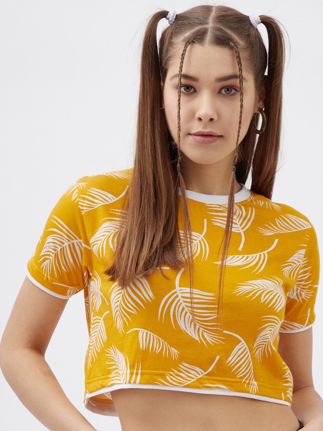 

Rodzen Women Printed Cotton Crop T-shirt, Mustard