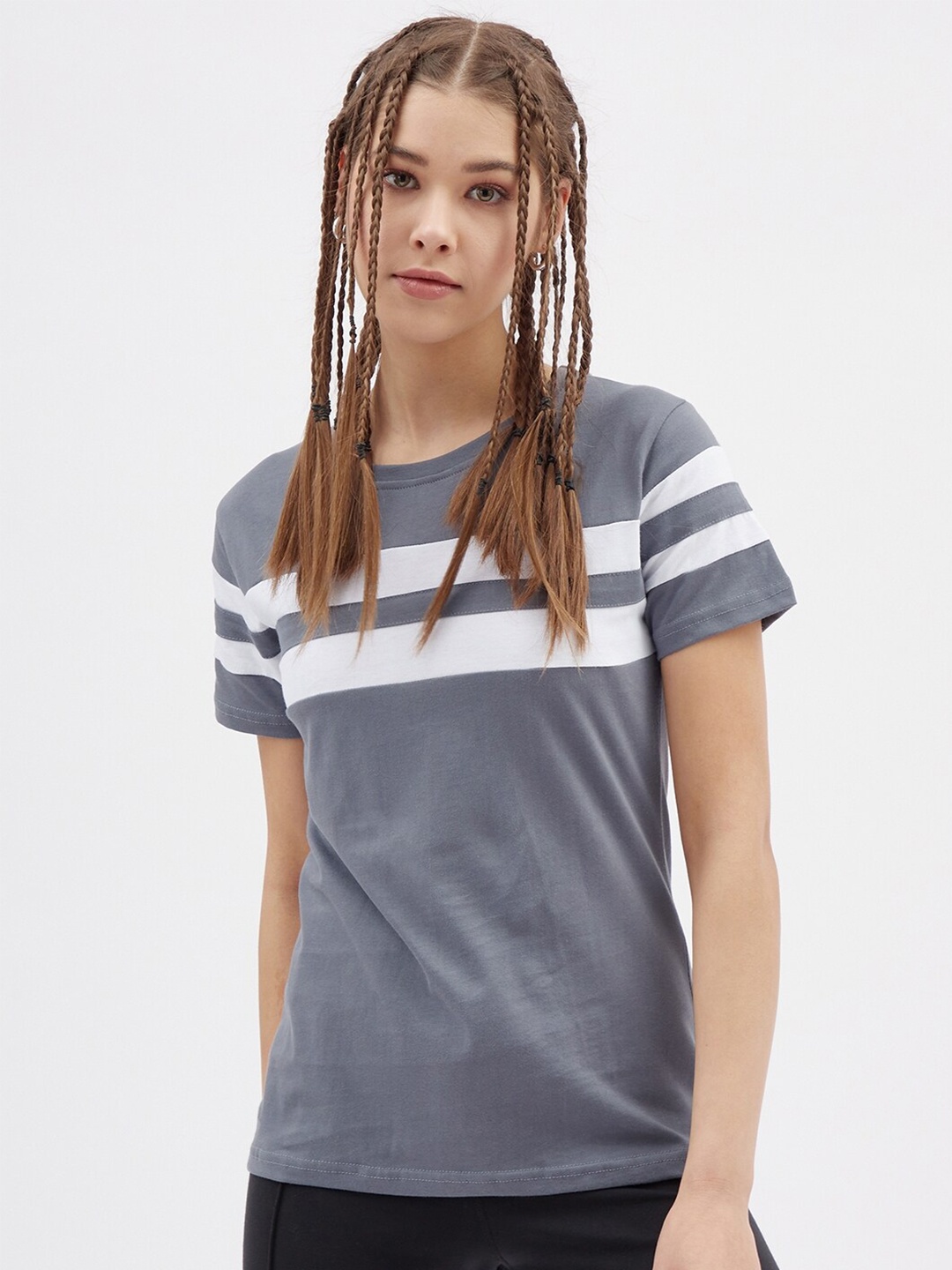

Rodzen Women Striped Pure Cotton T-shirt, Steel