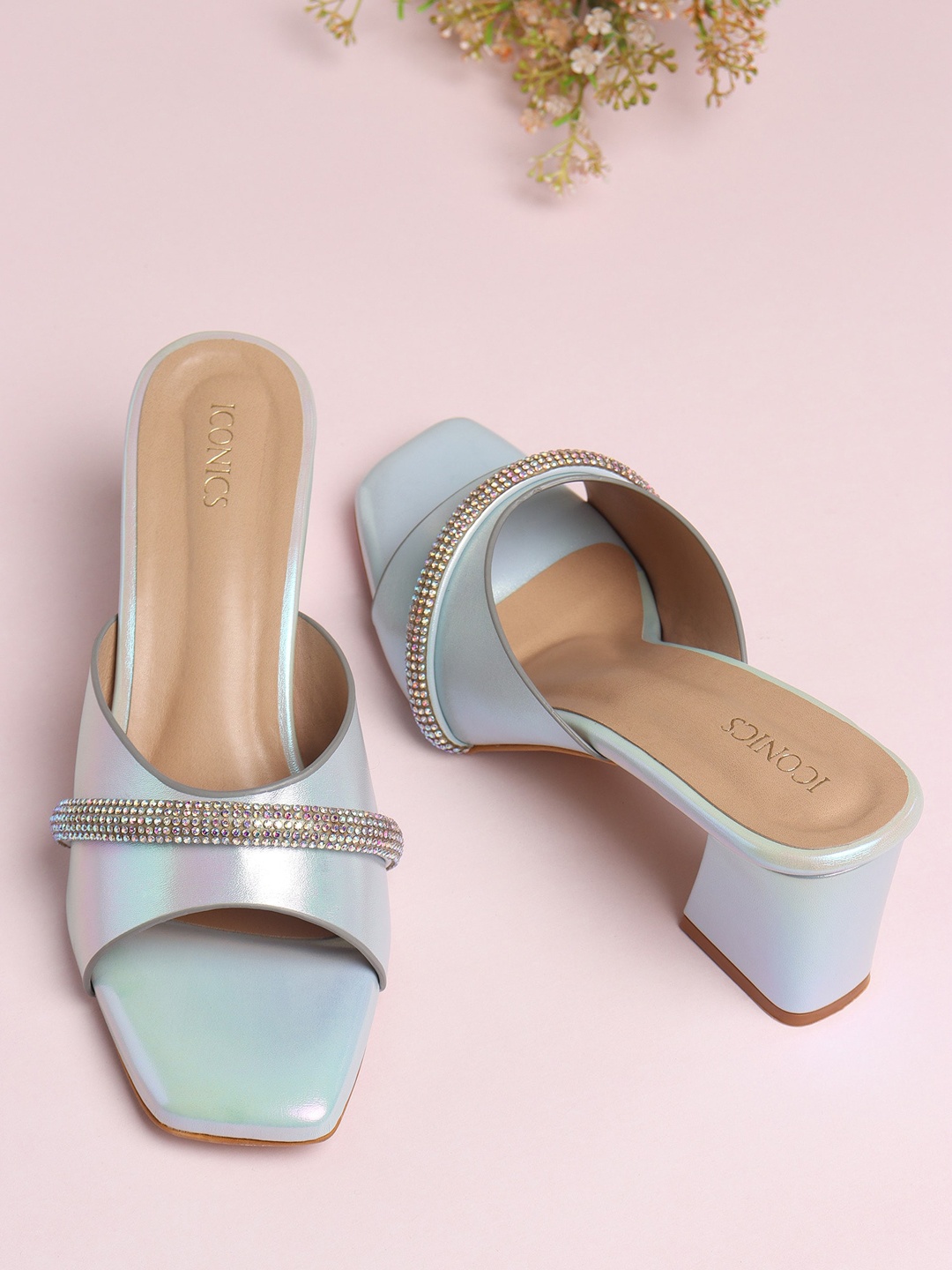 

ICONICS Embellished Party Square Toe Block Heels, Blue