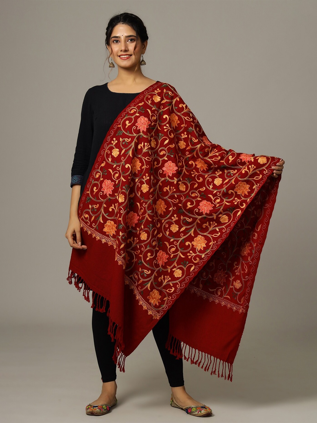 

HANDICRAFT PALACE Women Embroidered Wool Stole, Maroon