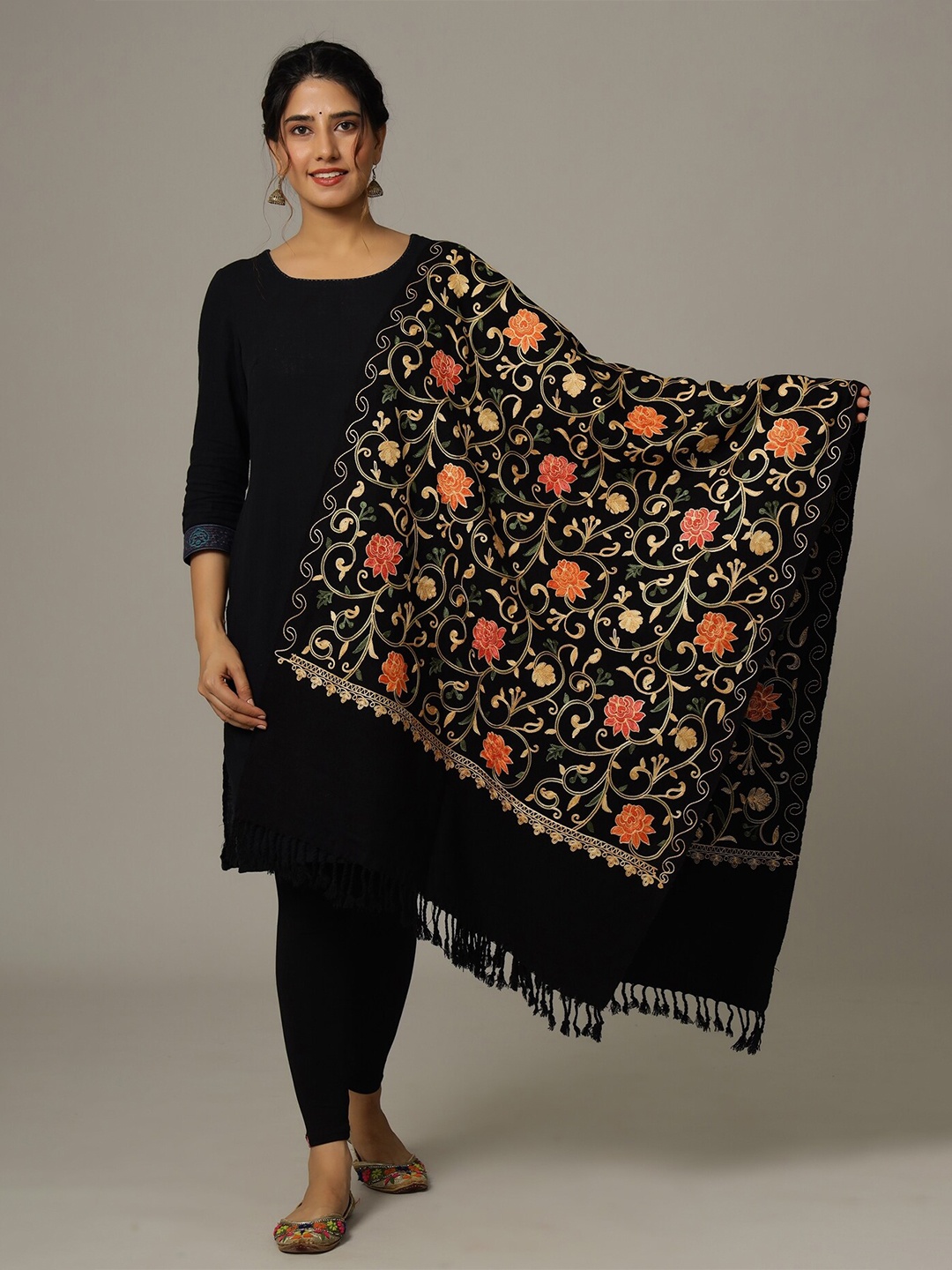 

HANDICRAFT PALACE Women Embroidered Wool Stole, Black