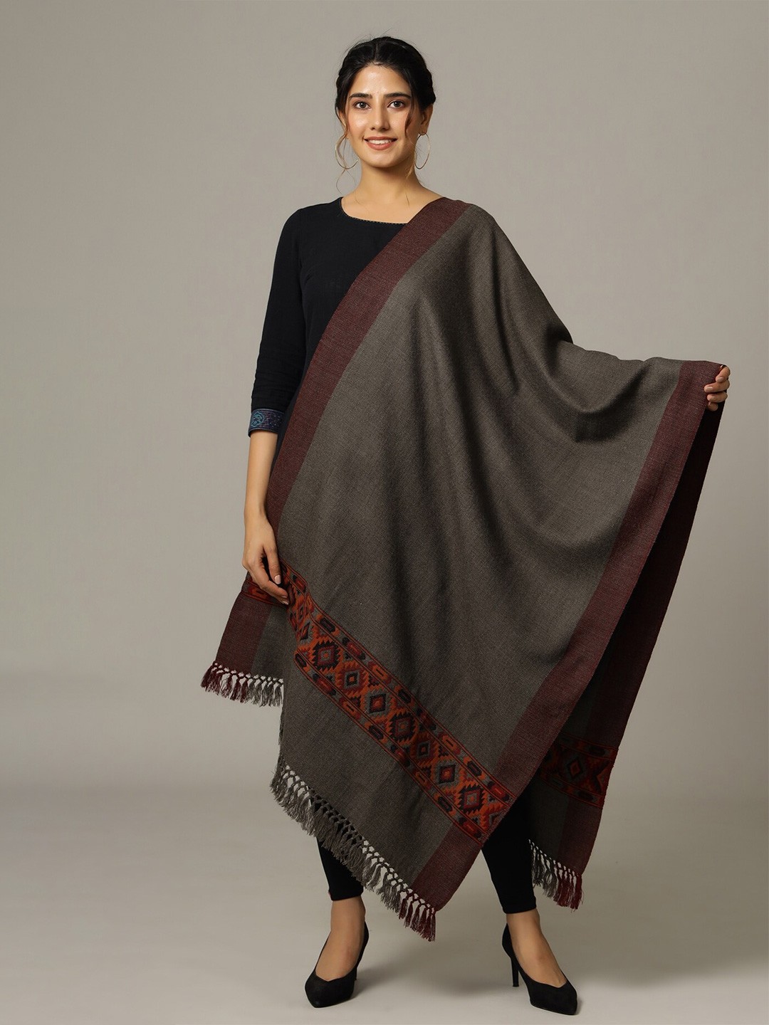 

HANDICRAFT PALACE Women Grey & Red Woven Design Stole