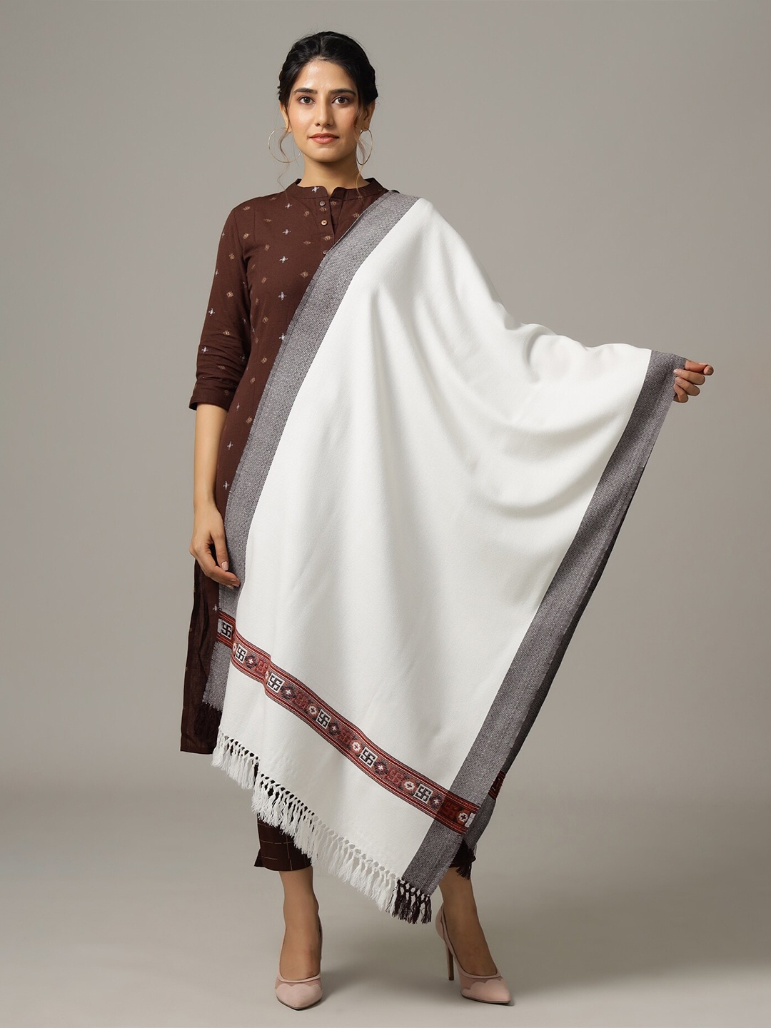 

HANDICRAFT PALACE Women Solid Wool Tasselled Stole, White