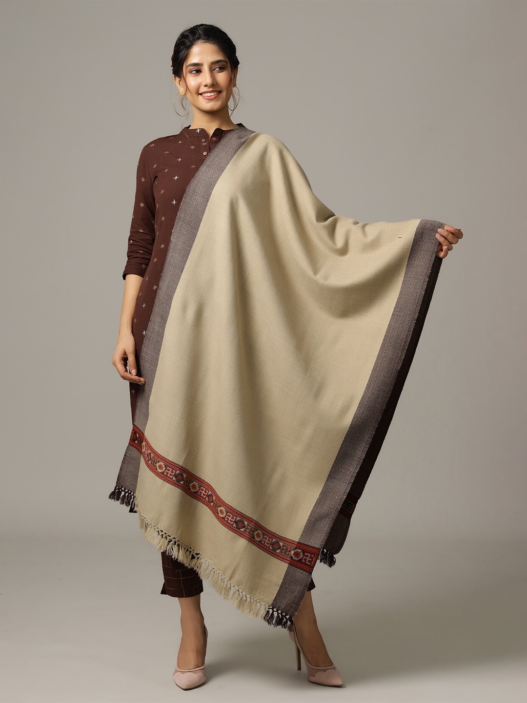 

HANDICRAFT PALACE Women Woven Design Wool Stole, Beige