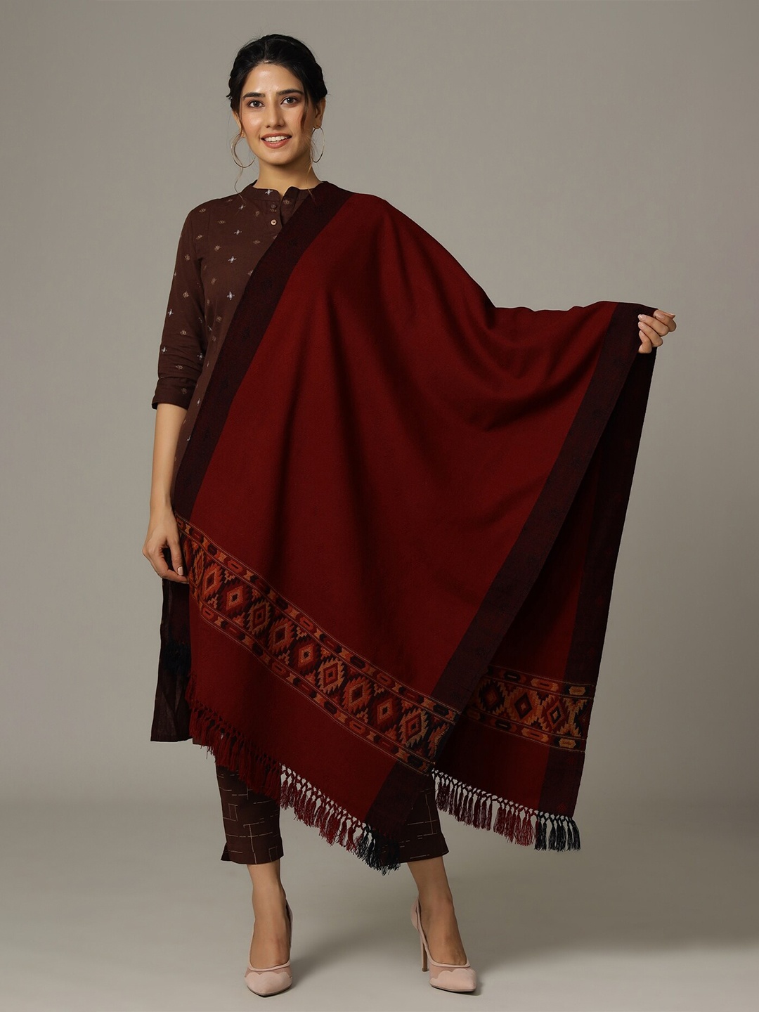 

HANDICRAFT PALACE Women Woven Design Wool Stole, Maroon