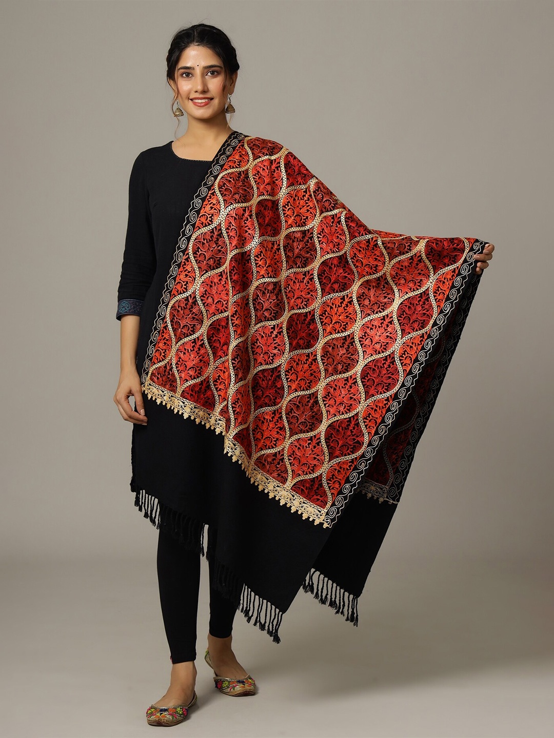 

HANDICRAFT PALACE Women Embroidered Wool Stole, Black