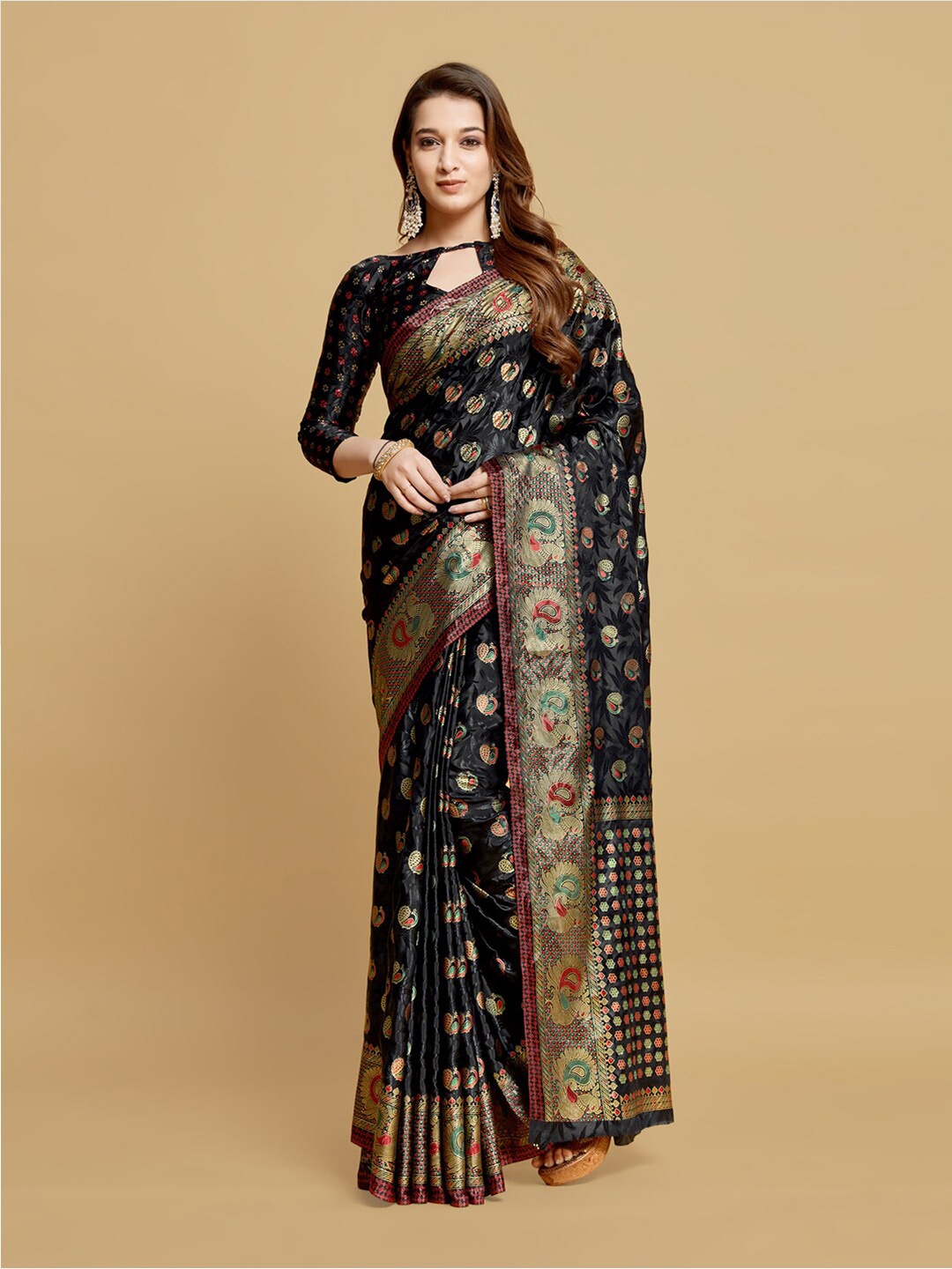 

GAJARAI Ethnic Motifs Zari Silk Blend Ready to Wear Kanjeevaram Saree, Black