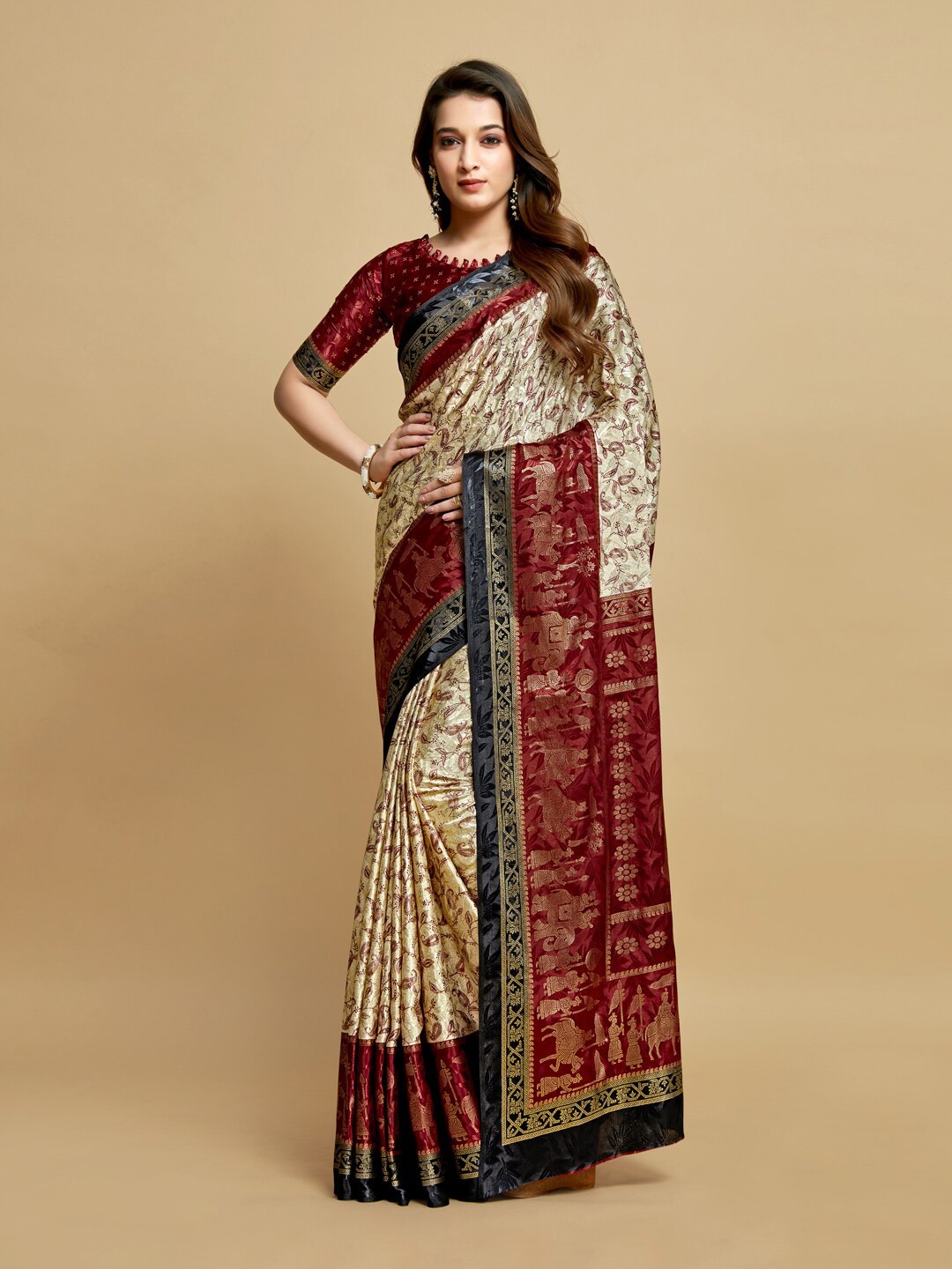 

GAJARAI Ethnic Motifs Zari Silk Blend Ready to Wear Kanjeevaram Saree, Maroon