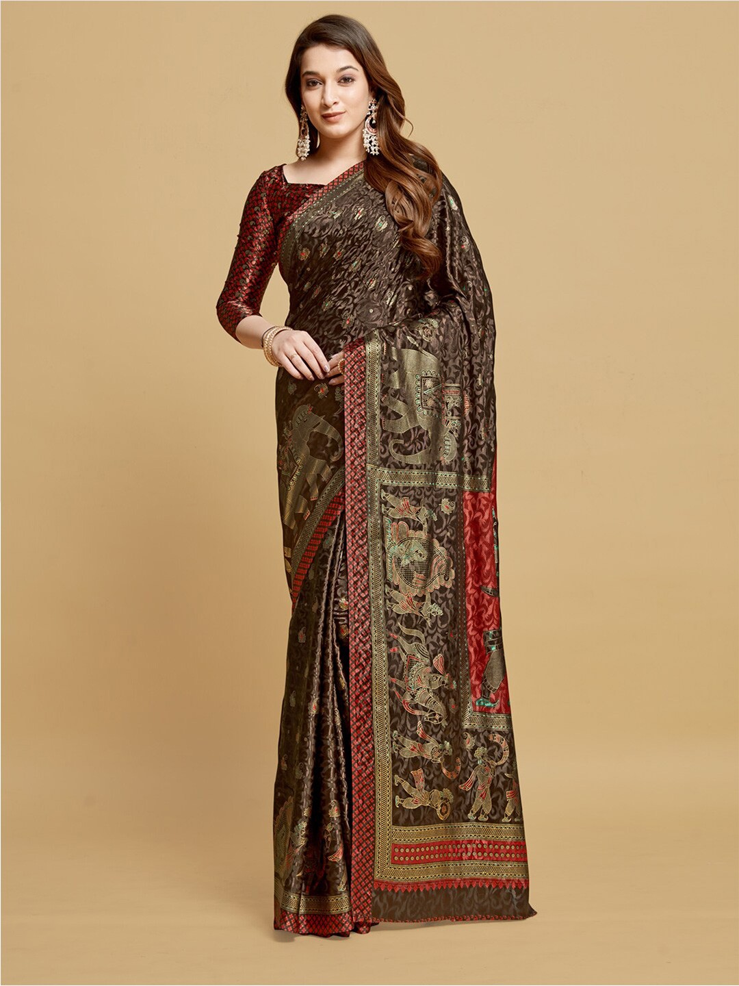 

GAJARAI Ethnic Motifs Silk Blend Ready to Wear Kanjeevaram Saree, Brown