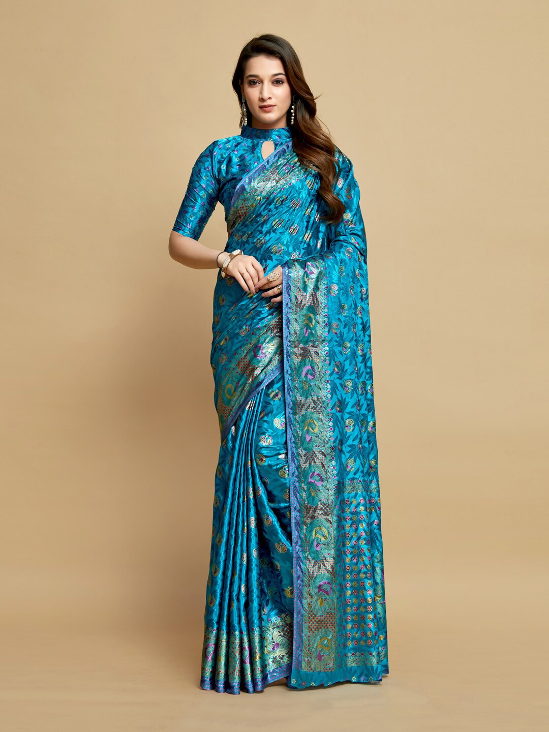 

GAJARAI Ethnic Motifs Silk Blend Ready to Wear Kanjeevaram Saree, Blue