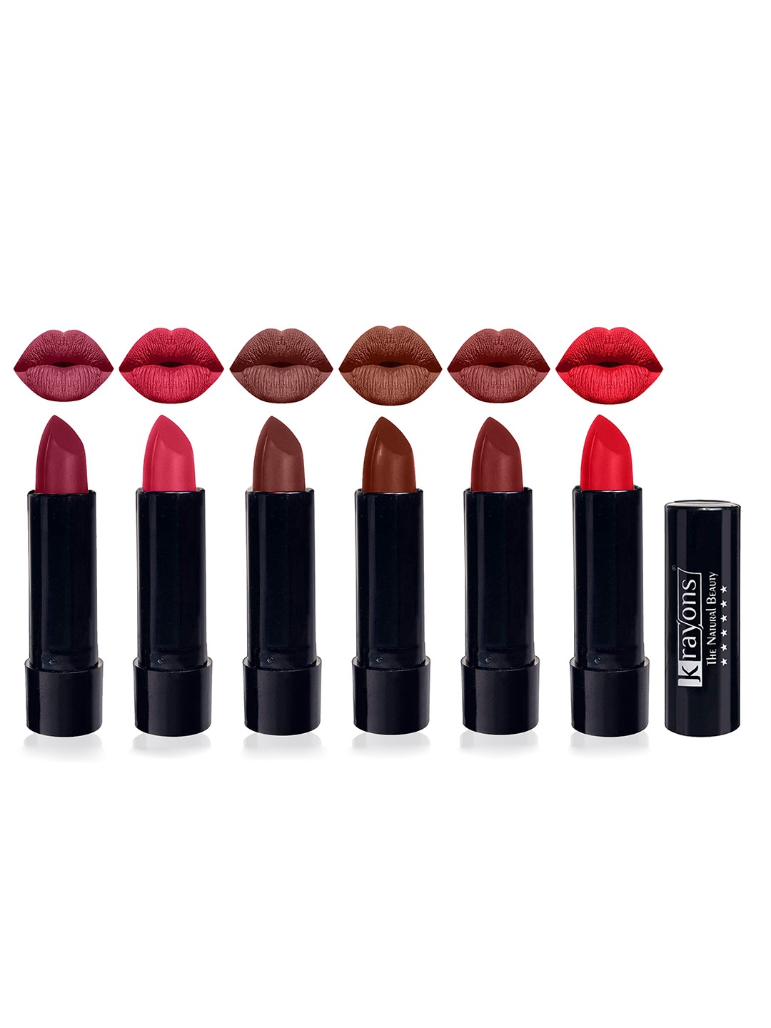 

krayons Set of 6 Cute Pop Moisturizing Matte & Waterproof Lipsticks 3.5 g Each - Shocking Pink 152 - First Crush 160 - Brick Tone 156- Chocolate Mocha 167 - Cherry Maroon 195 - Orange Crush 173, Multi