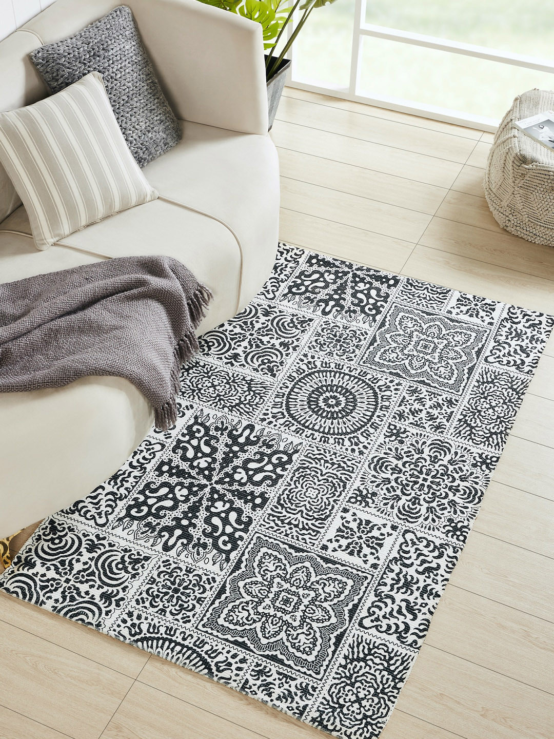

Mona B White & Black Printed Vintage Cotton Dhurrie Carpet