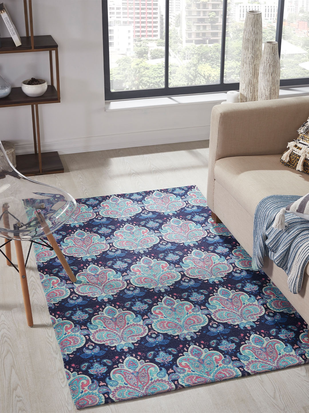 

Mona B Blue Printed Cotton Vintage Dhurrie Carpet Rug