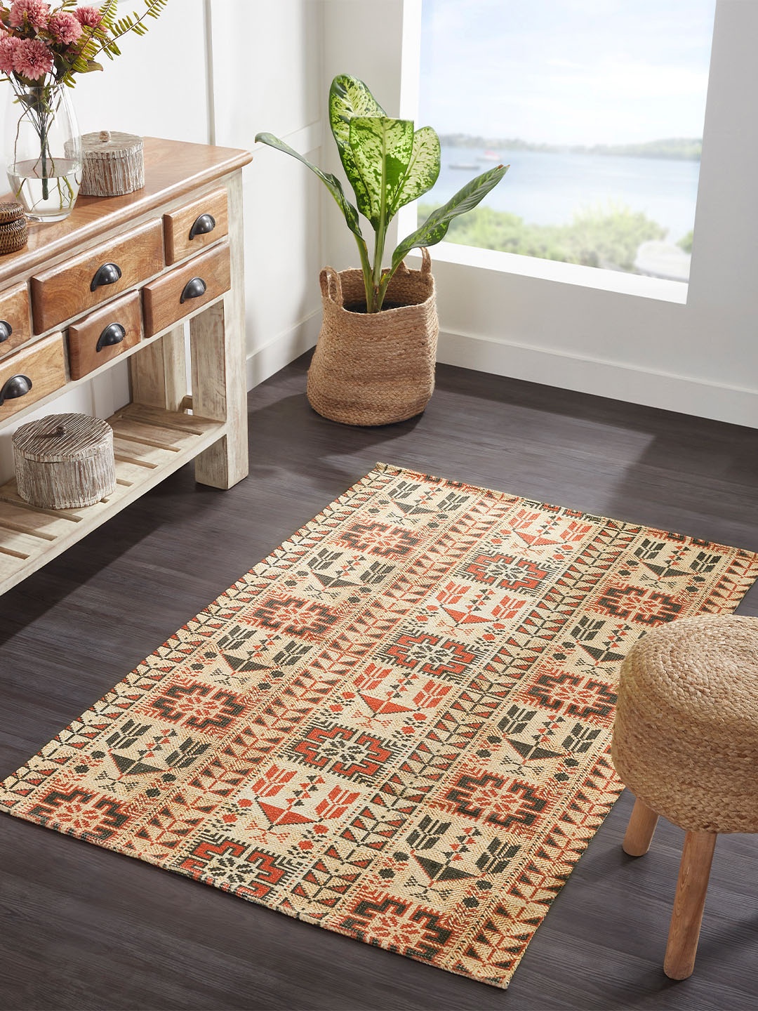 

Mona B Beige & Red Printed Vintage Cotton Anti-Skid Dhurrie Carpet Rug