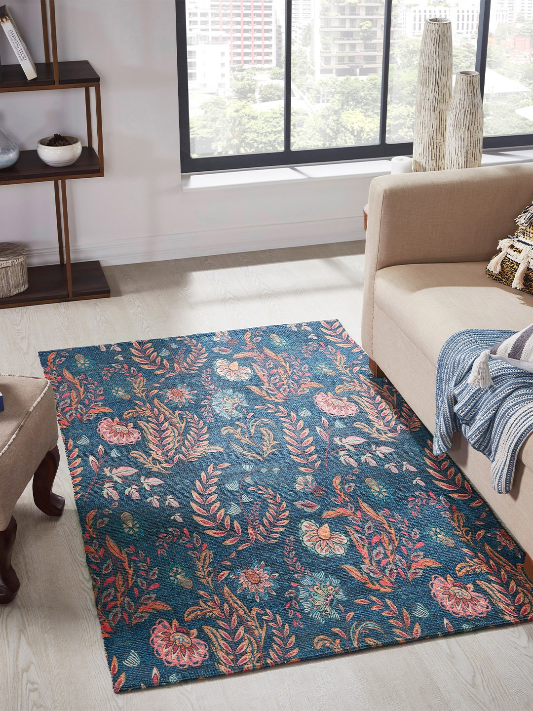

Mona B Navy Blue Vintage Printed Anti-Skid Cotton Dhurrie Carpet Rug