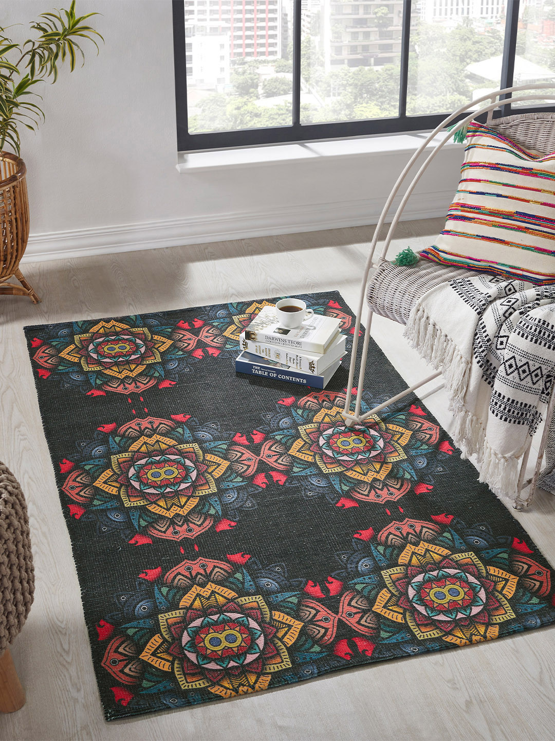 

Mona B Printed Vintage Cotton Anti-Skid Dhurrie Carpet Rug, Black