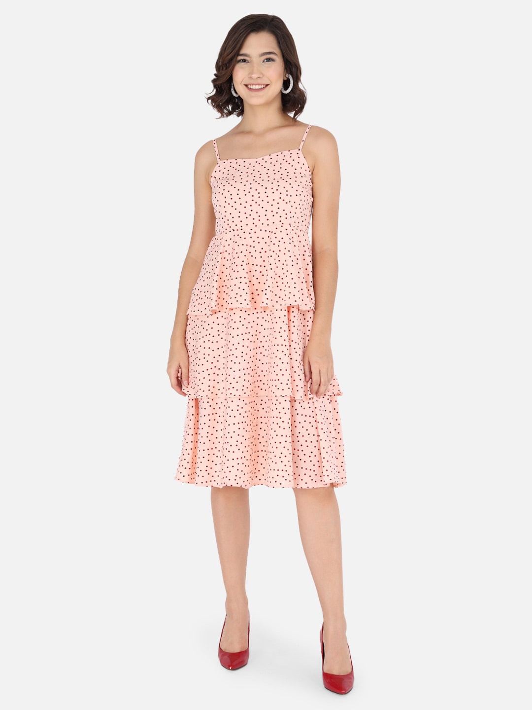 

Trend Arrest Printed Shoulder Straps Layered Dress, Peach