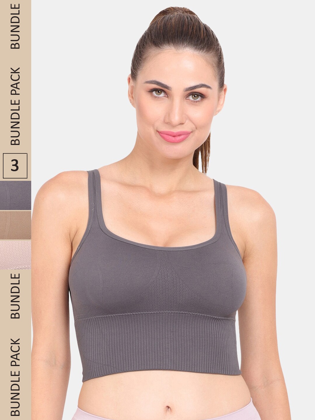 

Amour Secret Pack of 3 Work out Seamless Bra, Grey