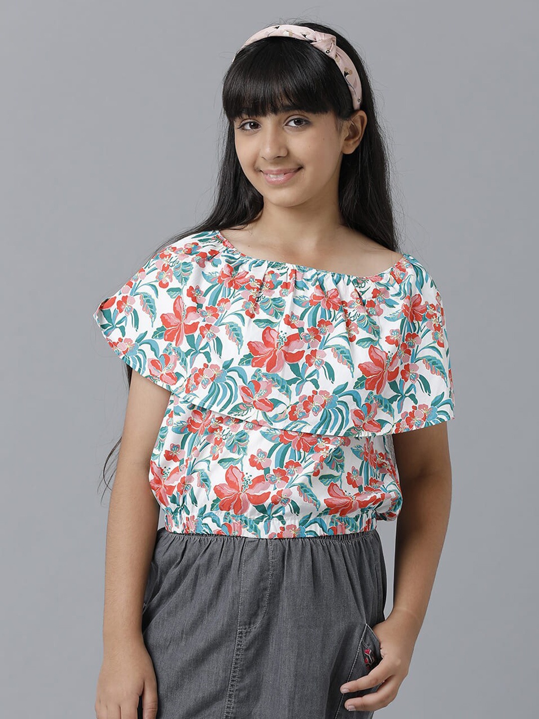 

UNDER FOURTEEN ONLY Girls Floral Print Cotton Top, White