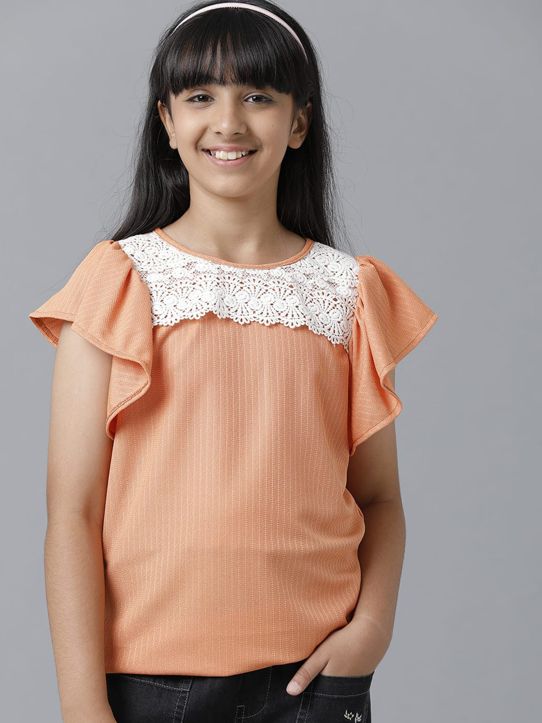 

UNDER FOURTEEN ONLY Girls Flutter Sleeve Top, Orange