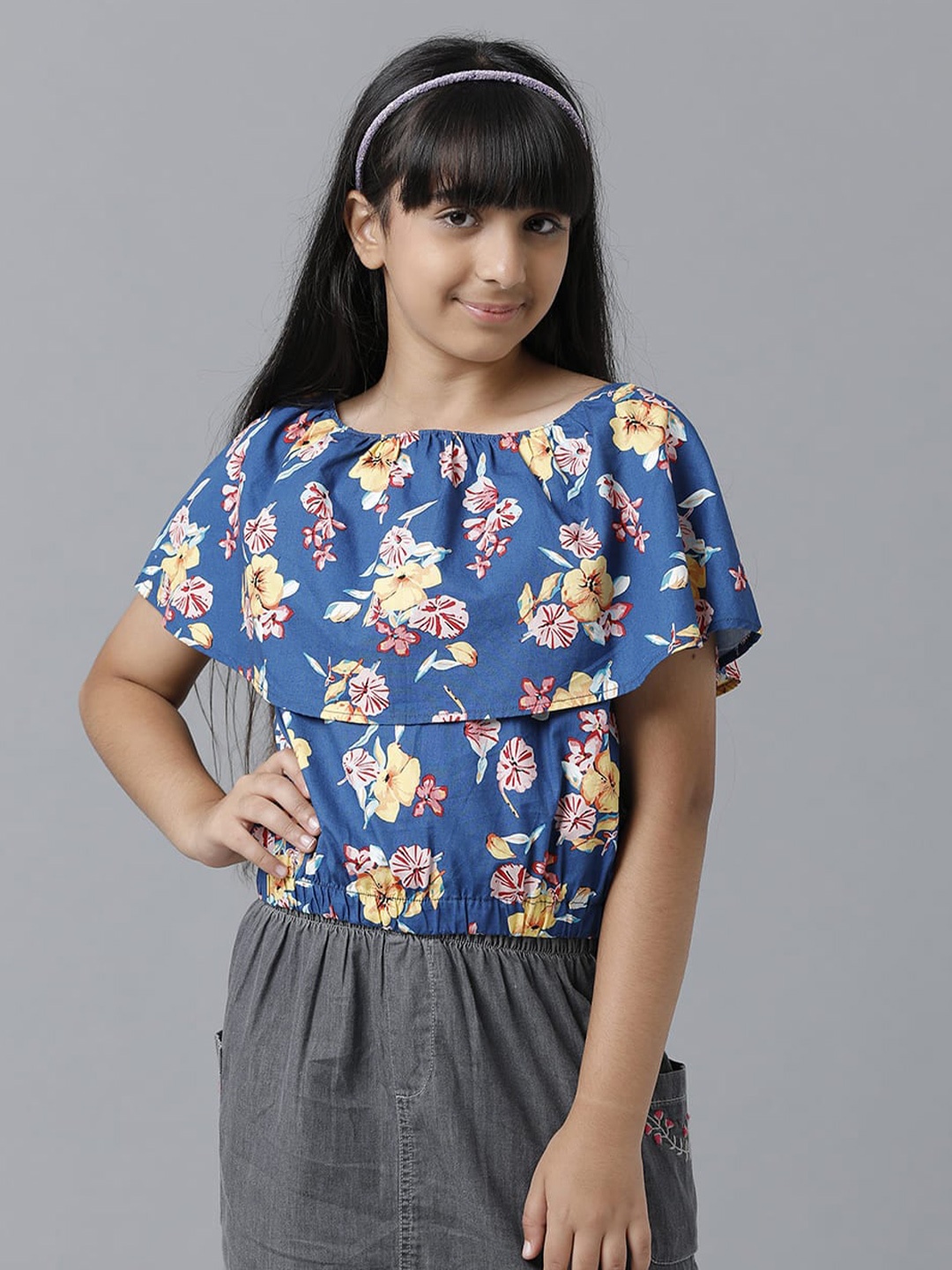 

UNDER FOURTEEN ONLY Floral Print Flared Sleeves Top, Navy blue