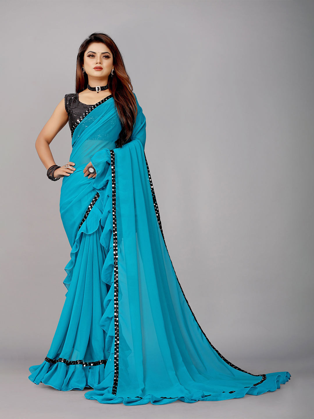 

B4ME COM Sequinned Pure Georgette Leheriya Saree, Turquoise blue